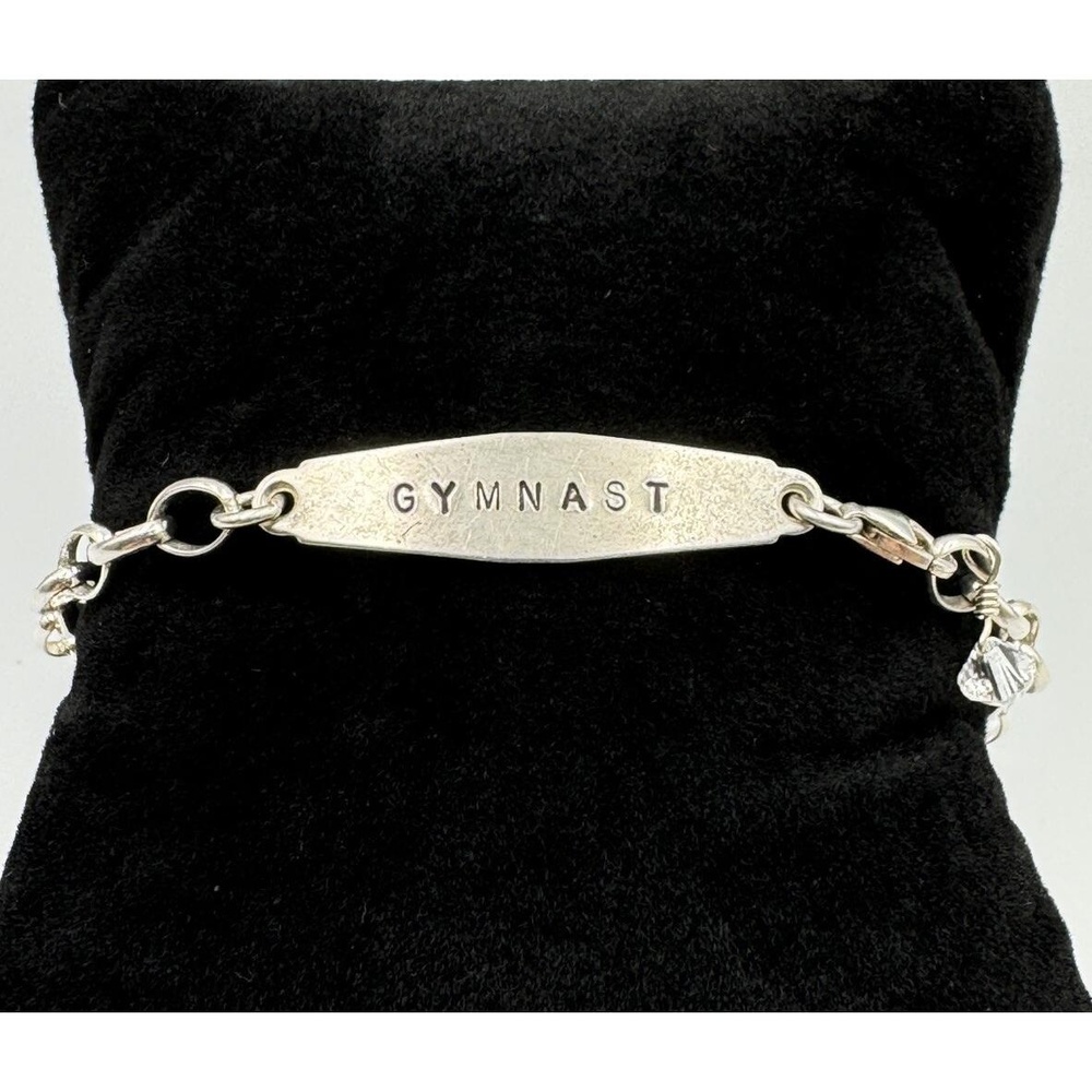GYMNAST Sterling Silver 925 Oval Link ID Bracelet‎ 7.25 Glass Bead Dangle